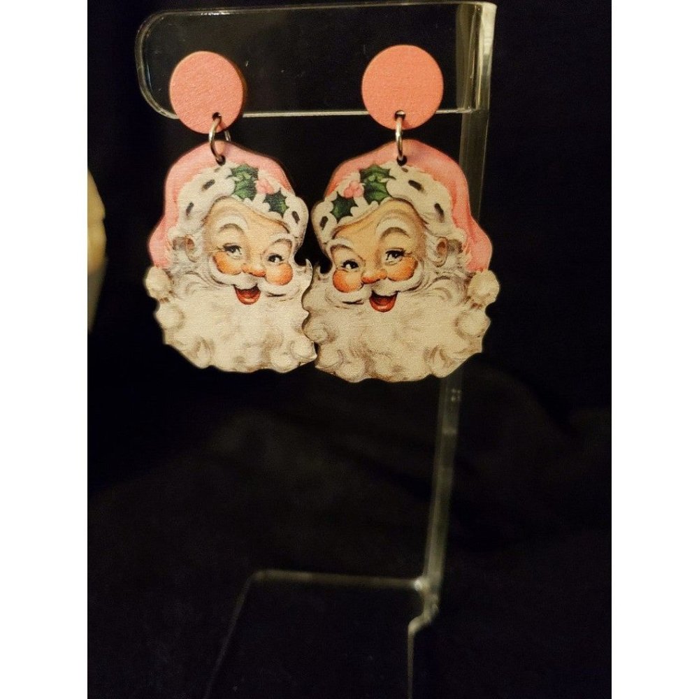 Pink Vintage-look Santa Christmas Earrings
